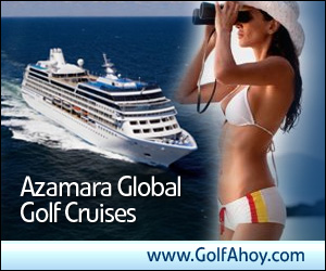 Golf Cruise South Africa GolfAhoy Azamara Cruises banner advertisement cruise ship and lady passenger holding binoculars to her eyes.