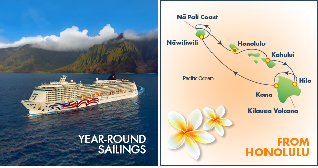 Photo of Pride of America golf cruise ship in Hawaii and map of cruise sailing itinerary around Hawaii Islands.