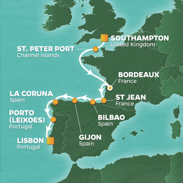 map showing england france and spain and golf cruise sailing itinerary