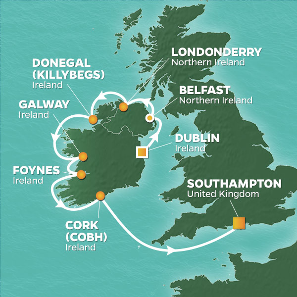 Ireland Golf Cruise. Map of England and Ireland showing sailing route for Ireland golf cruise