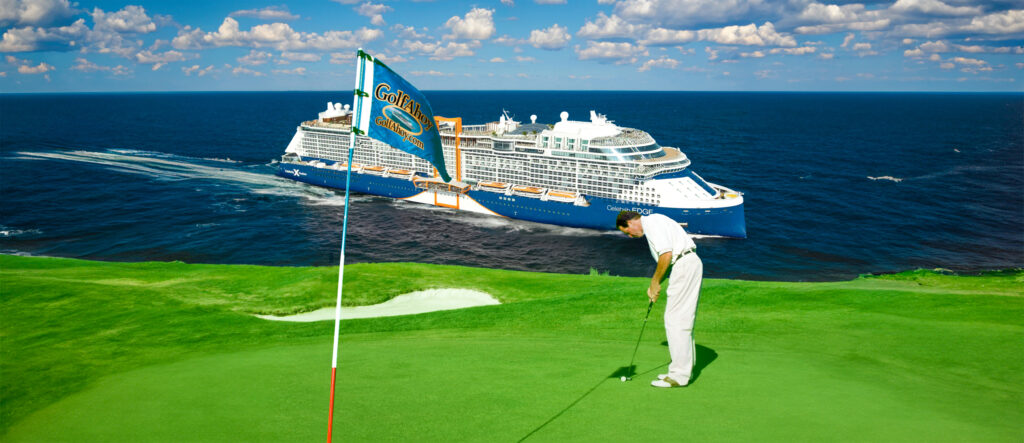 Golfer on golf course putting tee shot with Celebrity cruise ship the EDGE sailing Hawaii in background.