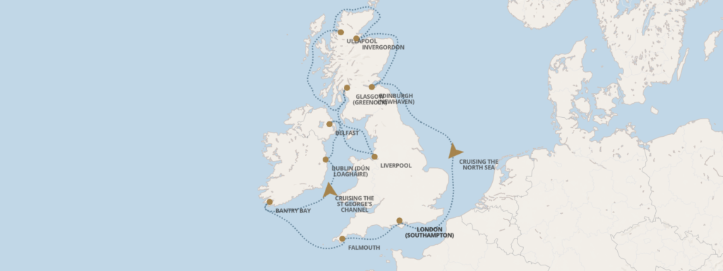 Image shows cruising map for REGENT SEVEN SEAS GRANDEUR IRELAND & SCOTLAND CRUISE ITINERARY MAP